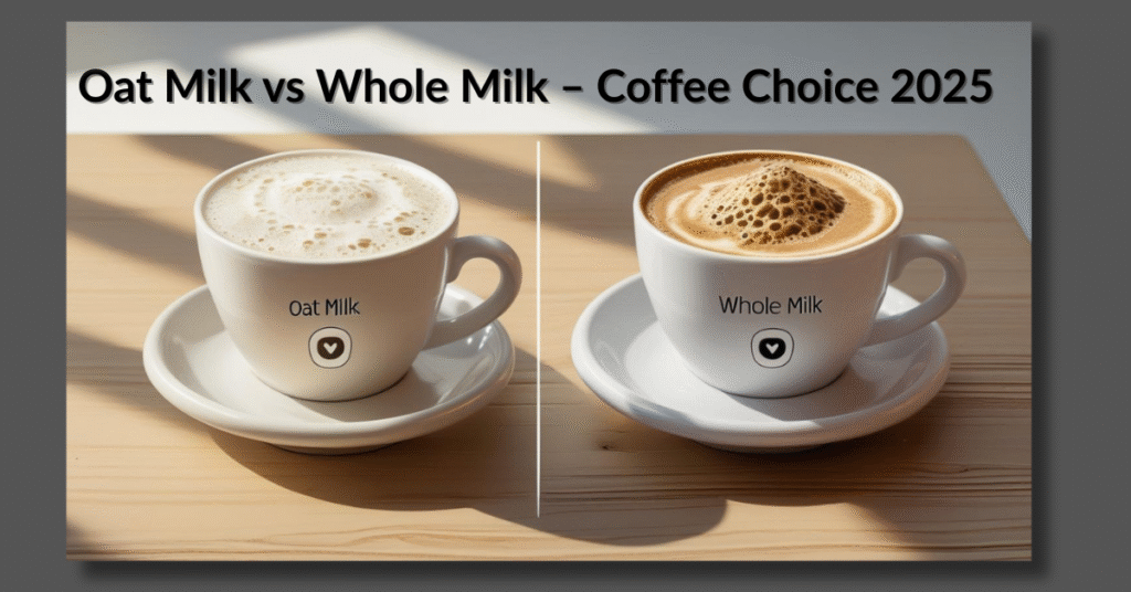 Feature image showing Oat Milk vs Whole Milk comparison in coffee cups with foam texture differences, labeled for 2025 coffee choice