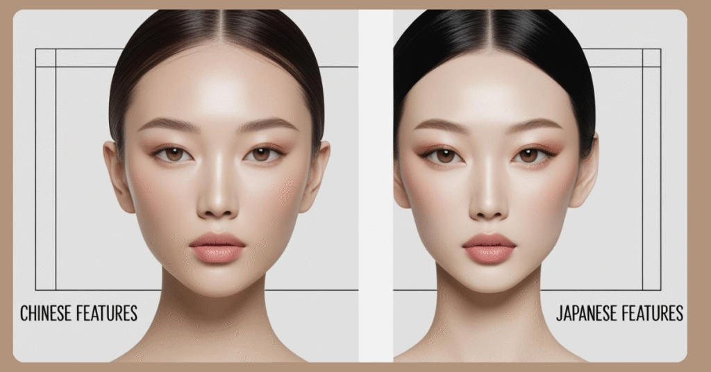 Side-by-side comparison of a Chinese woman with defined cheekbones and almond-shaped eyes, and a Japanese woman with softer features and rounder eyes.