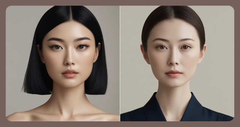 Collage comparing Chinese and Japanese beauty icons, showcasing facial feature diversity with modern minimal design.