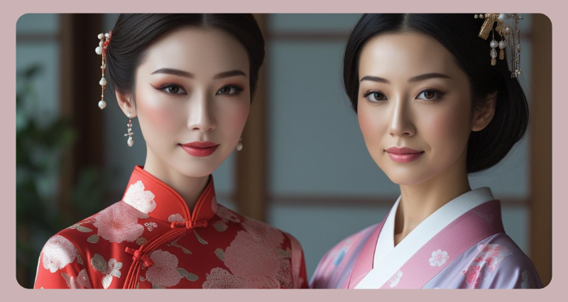 Chinese woman in a red cheongsam with bold makeup and Japanese woman in a pastel kimono with soft makeup, representing cultural beauty styles.
