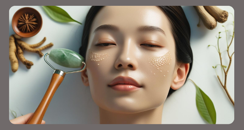 Woman enjoying a Chinese facial with jade roller and gua sha stone for radiant skin