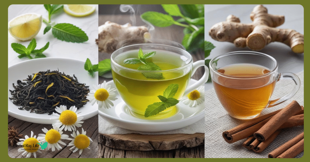 Top 7 herbal teas for digestion and weight loss – green tea with lemon, peppermint tea, ginger tea, chamomile tea, oolong tea, dandelion tea, and cinnamon tea, each supporting digestion, metabolism, and wellness.
