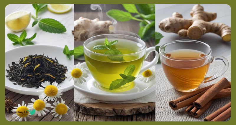 Top 7 herbal teas for digestion and weight loss – green tea with lemon, peppermint tea, ginger tea, chamomile tea, oolong tea, dandelion tea, and cinnamon tea, each supporting digestion, metabolism, and wellness.