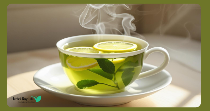 Steaming cup of green tea with lemon slices – best tea for digestion and weight loss