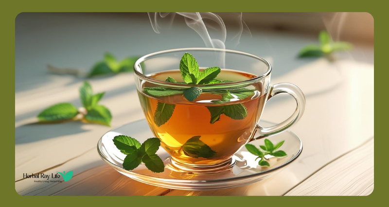 Glass teacup of peppermint tea with floating peppermint leaves – relieves bloating and aids digestion