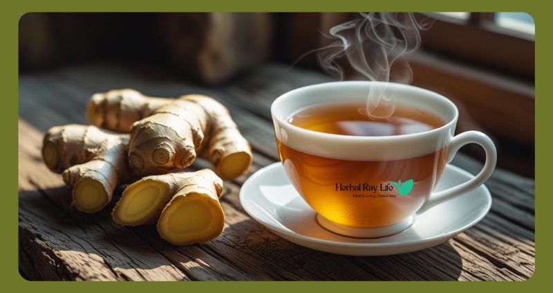 Fresh ginger root beside a steaming cup of ginger tea – best tea for digestion and detox