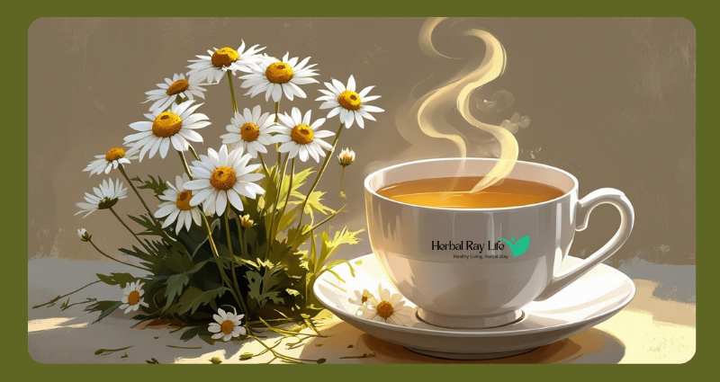 White teacup of chamomile tea with chamomile flowers – promotes better sleep and digestion