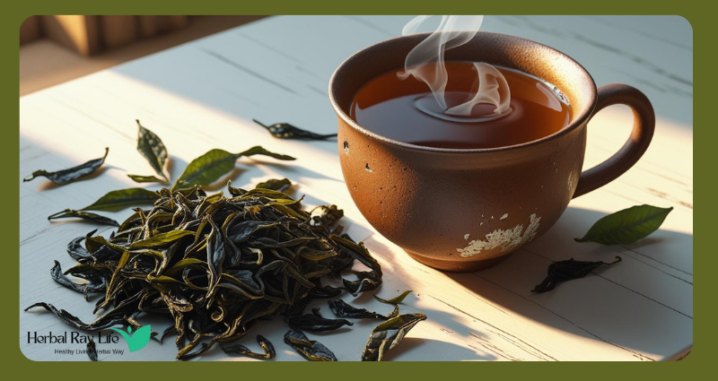 Brown teacup of steaming oolong tea with oolong tea leaves – supports weight loss and digestion