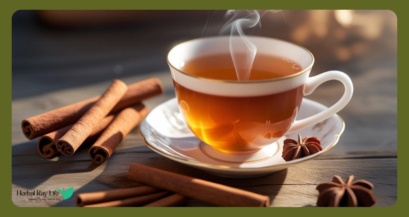 Steaming cup of cinnamon tea with cinnamon sticks – boosts metabolism and aids digestion
