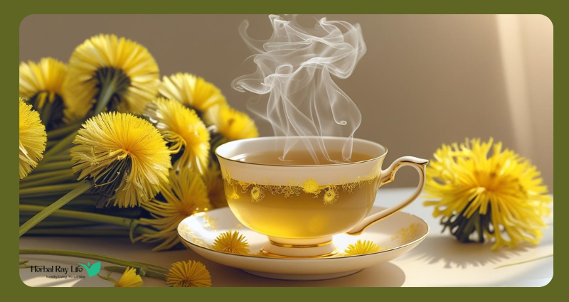 Steaming cup of dandelion tea with dandelion flowers – natural detox and digestion support