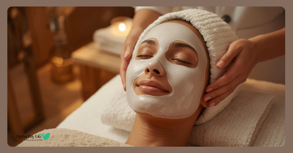 Woman enjoying a Korean facial spa with sheet mask treatment in a luxury spa.