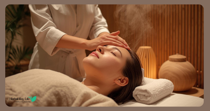 Therapist performing Korean facial massage at a spa.
