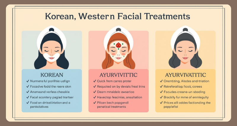 Comparison chart of Korean facial spa vs Western facial vs Ayurvedic facial.