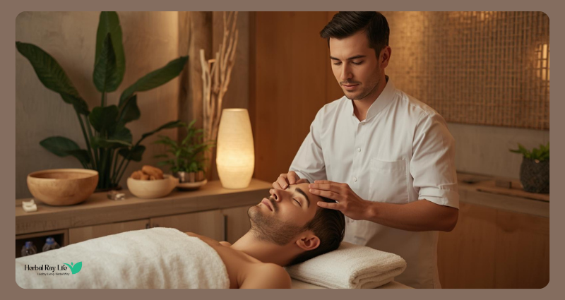 Therapist performing Korean facial massage at a spa.