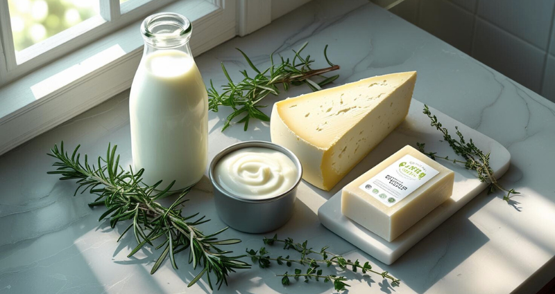 Assorted goat milk products including cheese, yogurt, and soap on a countertop