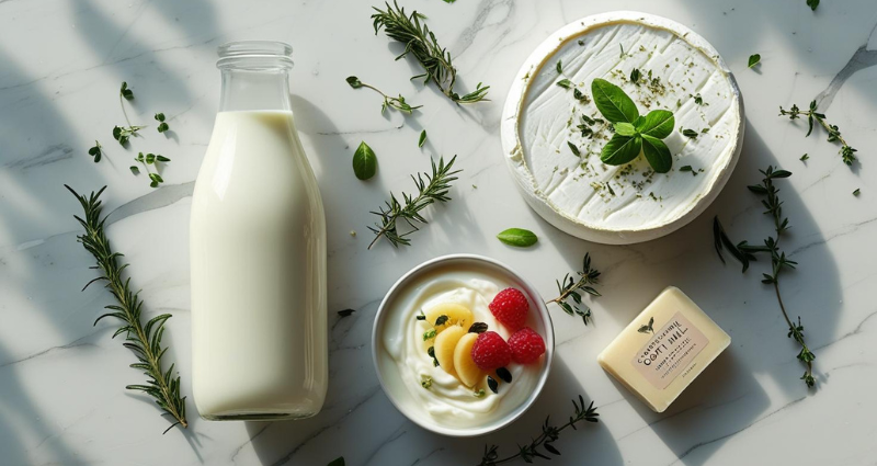 Assorted goat milk products including cheese, yogurt, and soap on a countertop