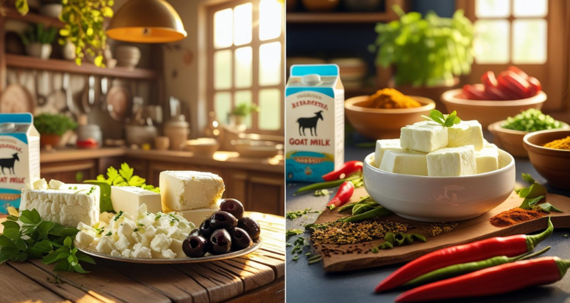 Split image of Greek feta and Indian paneer made with goat or mixed milk