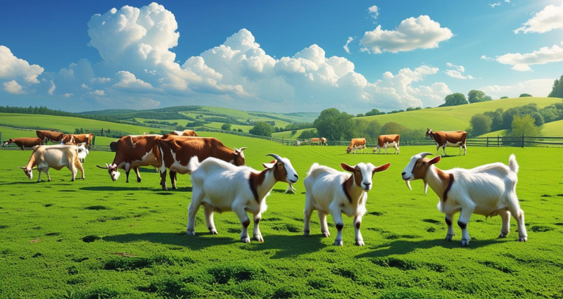 Pasture with goats and cows grazing under a sunny sky showing sustainable farming
