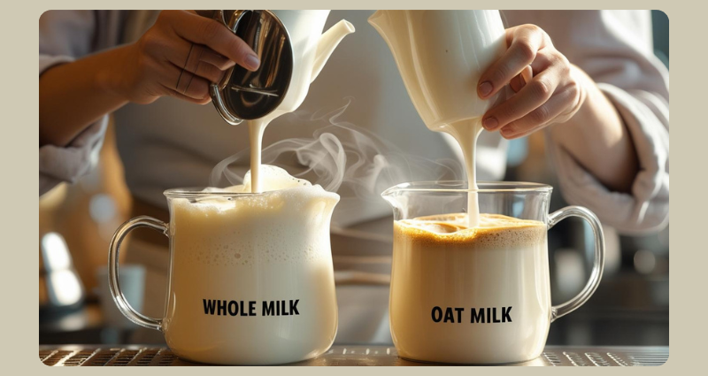 Barista steaming oat milk vs whole milk for latte art in a modern coffee shop.
