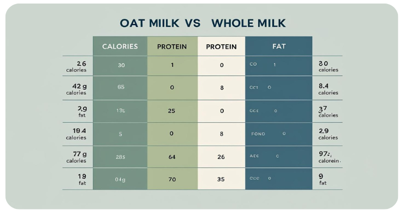 Oat Milk vs Whole Milk nutrition chart comparing calories, protein, and fat for coffee drinkers.
