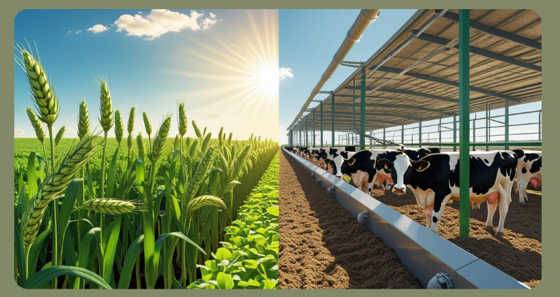 Eco-friendly comparison of oat milk vs whole milk showing cow farming vs oat fields.
