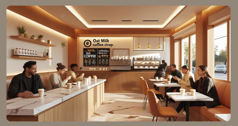 2025 coffee shop menu offering oat milk vs whole milk as options for lattes and cappuccinos.