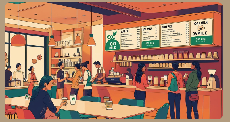 coffee shop menu offering oat milk vs whole milk as options for lattes and cappuccinos.