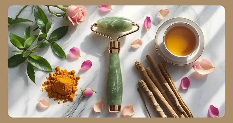 Flat lay of jade roller, gua sha stone, turmeric, sandalwood, and rose petals for facial skincare blog
