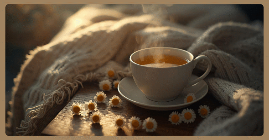 Chamomile tea cup with flowers for deep relaxation and sleep