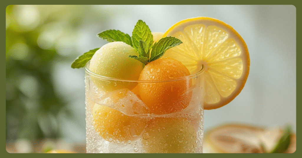 Refreshing melon ball drink with mint leaves, lemon slice, and ice cubes in a clear glass on a summer day.