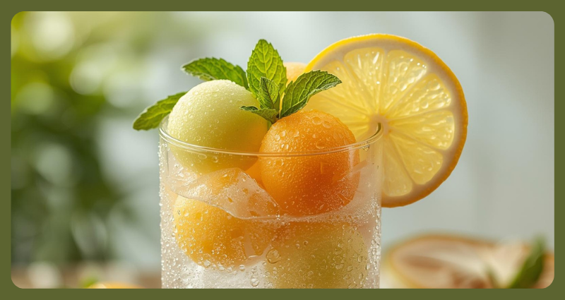 Refreshing melon ball drink with mint leaves, lemon slice, and ice cubes in a clear glass on a summer day.