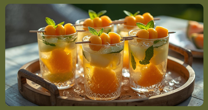 Party drinks with melon ball skewers and fresh mint garnish