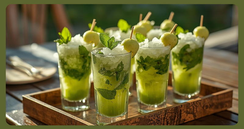 Party drinks with melon ball skewers and fresh mint garnish