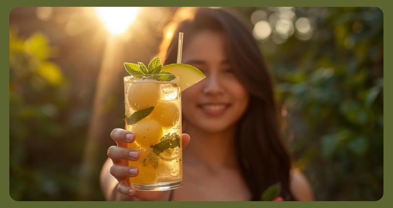 Healthy melon ball drink served outdoors with summer garden background