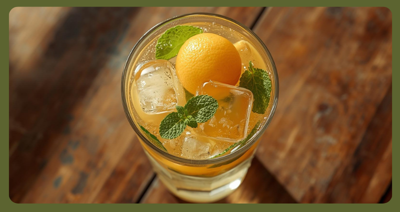 Refreshing melon ball drink with mint and sparkling water in a tall glass