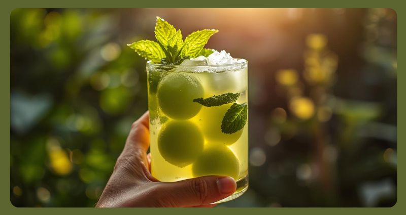 Healthy melon ball drink served outdoors with summer garden background