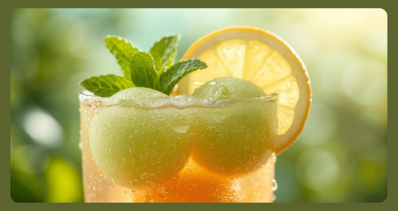 Close-up of homemade melon ball drink with honeydew and cantaloupe