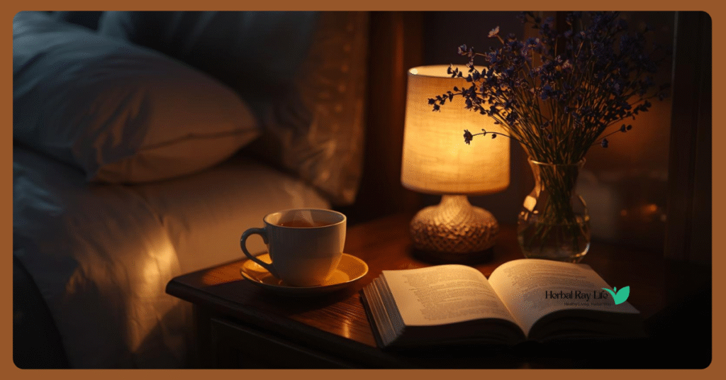Cozy nighttime scene with a steaming cup of chamomile tea, lavender flowers, and an open book – calming herbal teas for sleep.