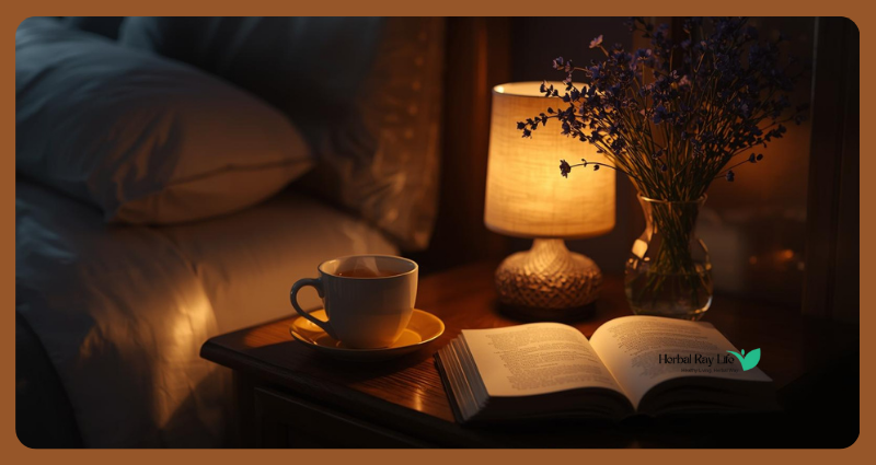 Cozy nighttime scene with a steaming cup of chamomile tea, lavender flowers, and an open book – calming herbal teas for sleep.