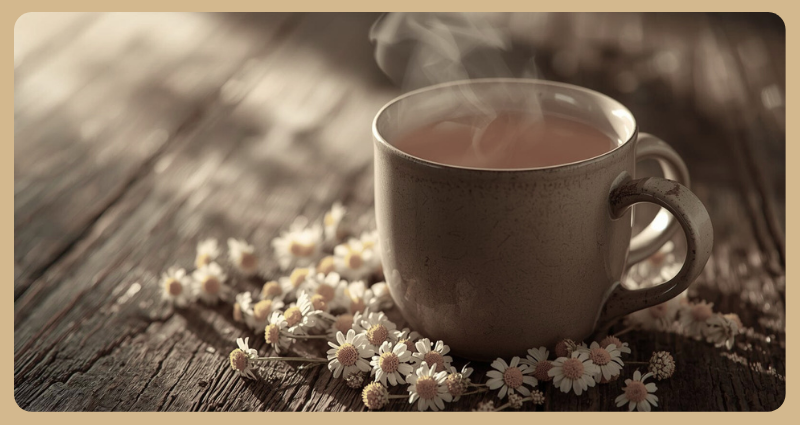 Chamomile tea with fresh flowers – one of the best herbal teas for sleep and relaxation.