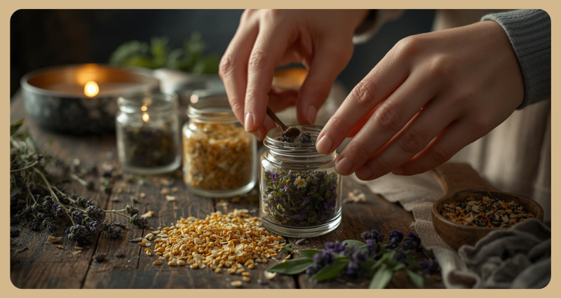 Preparing a natural bedtime blend of herbal teas for sleep with chamomile, lemon balm, and lavender.
