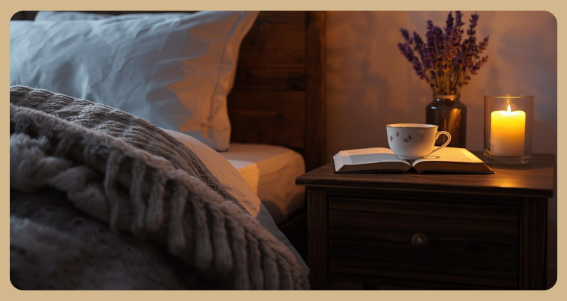 Nighttime routine with herbal teas for sleep – cozy cup of tea on a bedside table with book and candle.