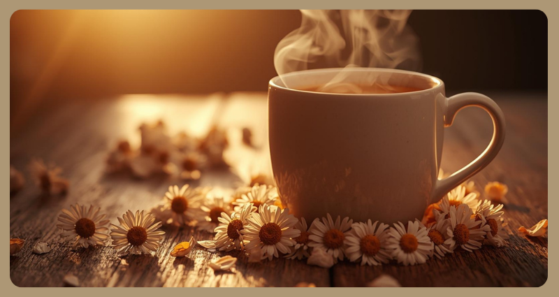 Chamomile tea with fresh flowers – one of the best herbal teas for sleep and relaxation.
