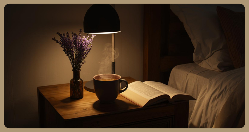 Cozy nighttime scene with a steaming cup of chamomile tea, lavender flowers, and an open book – calming herbal teas for sleep.