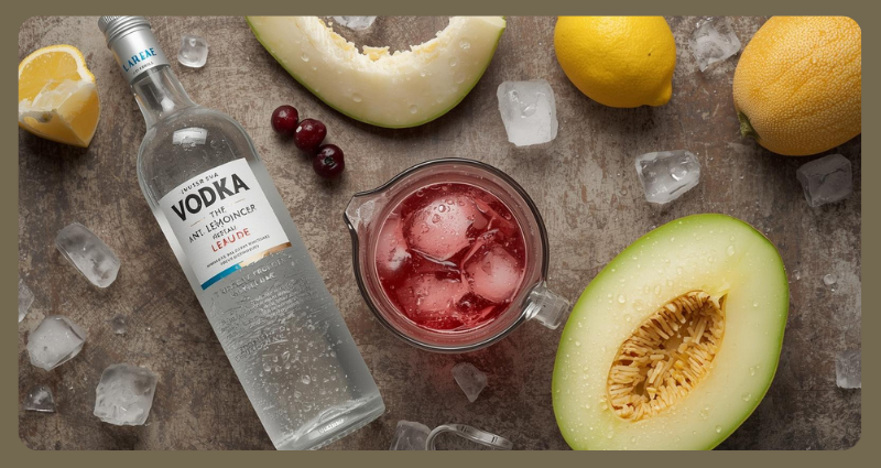 Honey Deuce Cocktail ingredients including vodka, Chambord, lemonade, and honeydew melon